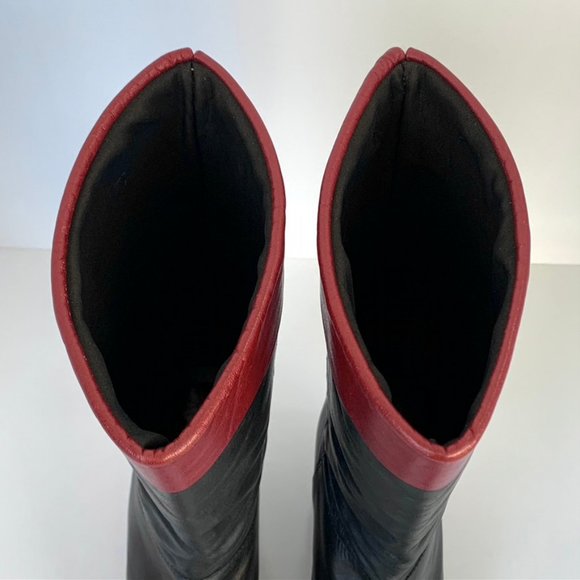 Vintage Custom-made black leather w/red cuffs below the knee high heeled boots - Picture 4 of 9